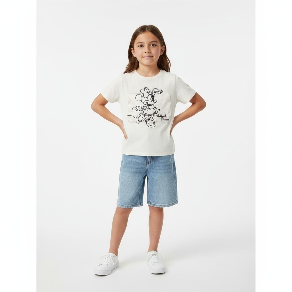 Zara T Shirt Girls 8-9 Off White Disney Minnie Mouse Embroidered Sparkle Tee